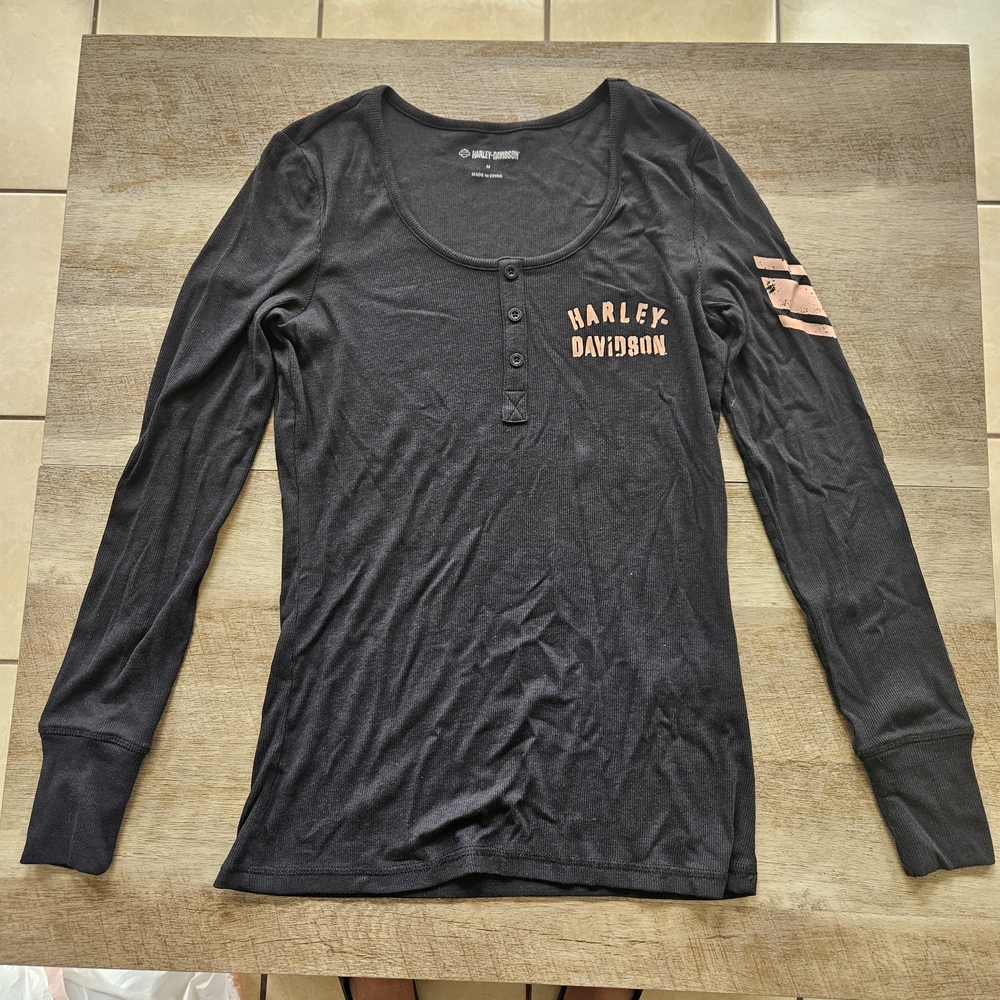 Harley-Davidson Black Buttoned Fitted Long Sleeve Tee